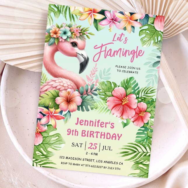 Let’s Flamingle Girls Pink Flamingo 9th Birthday  Invitation (Creator Uploaded)