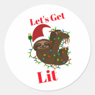 Let’s Get Lit Christmas Sloth Classic Round Sticker