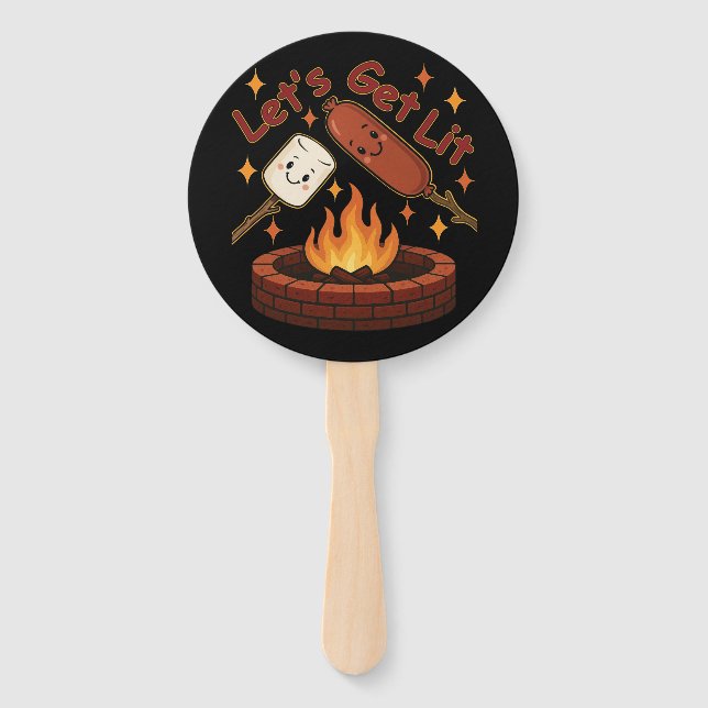 Let’s Get Lit Firepit – Cute Marshmallow & Hot Dog Hand Fan (Front)