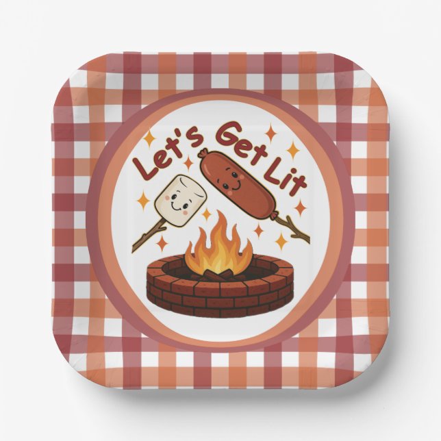 Let’s Get Lit Firepit – Cute Marshmallow & Hot Dog Paper Plate (Front)