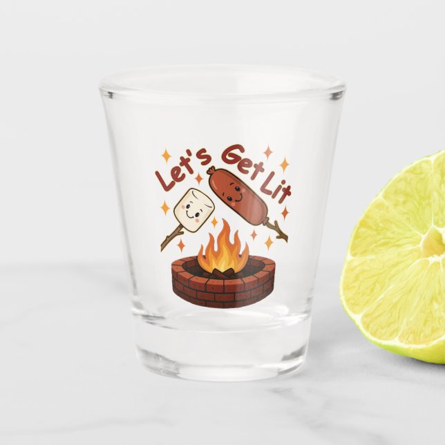 Let’s Get Lit Firepit – Cute Marshmallow & Hot Dog Shot Glass (Front)