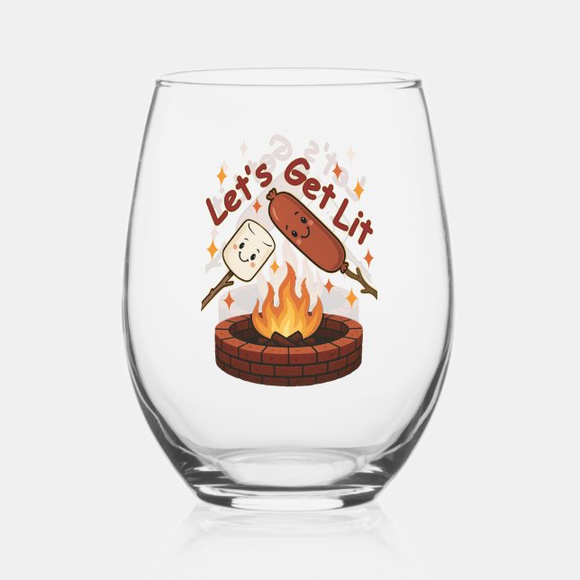 Let’s Get Lit Firepit – Cute Marshmallow & Hot Dog Stemless Wine Glass (Front)