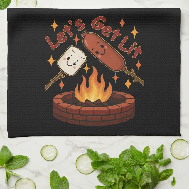 Let’s Get Lit Firepit – Cute Marshmallow & Hot Dog Tea Towel (Folded)