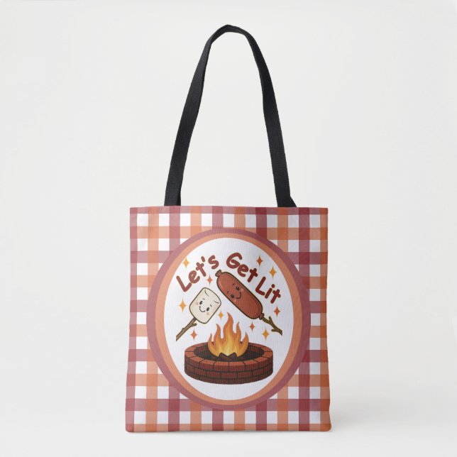 Let’s Get Lit Firepit – Cute Marshmallow & Hot Dog Tote Bag (Front)