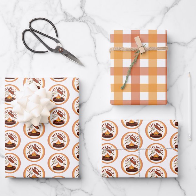 Let’s Get Lit Firepit – Cute Marshmallow & Hot Dog Wrapping Paper Sheet (Front)