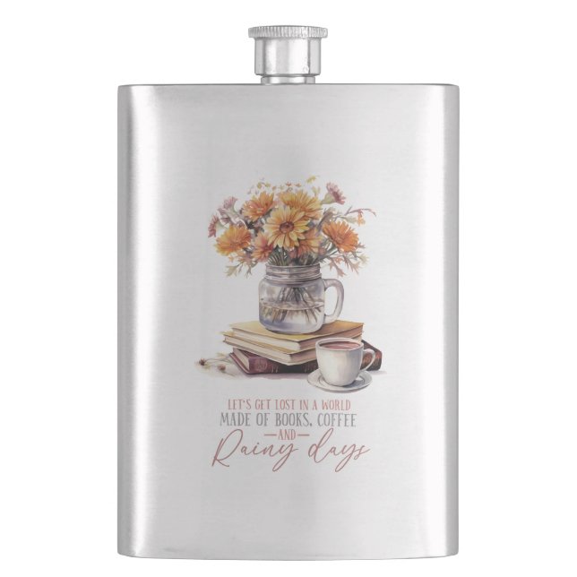 Let’s Get Lost – Books, Coffee & Rain Rustic Hip Flask (Front)