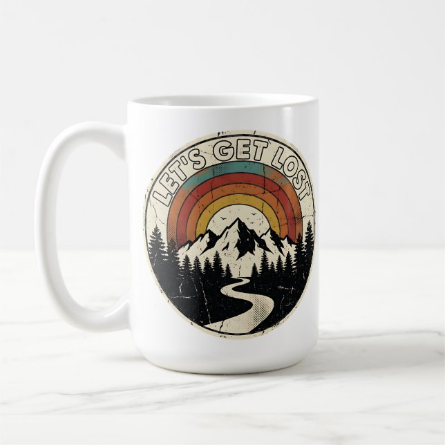 Let’s Get Lost Retro Mountain Adventure Outdoor Coffee Mug (Left)