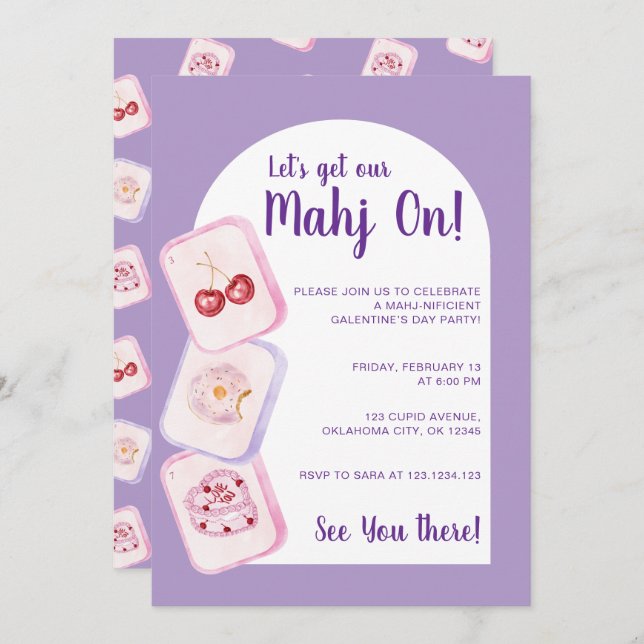 Let’s Get Our Mahj On Purple Galentine’s Day Invitation (Front/Back)