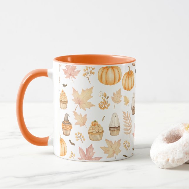 Let’s Get Spooky with Pumpkins, Leaves & Cupcake Mug (With Donut)