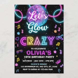 Let’s Glow Crazy disco party invite - disco ball