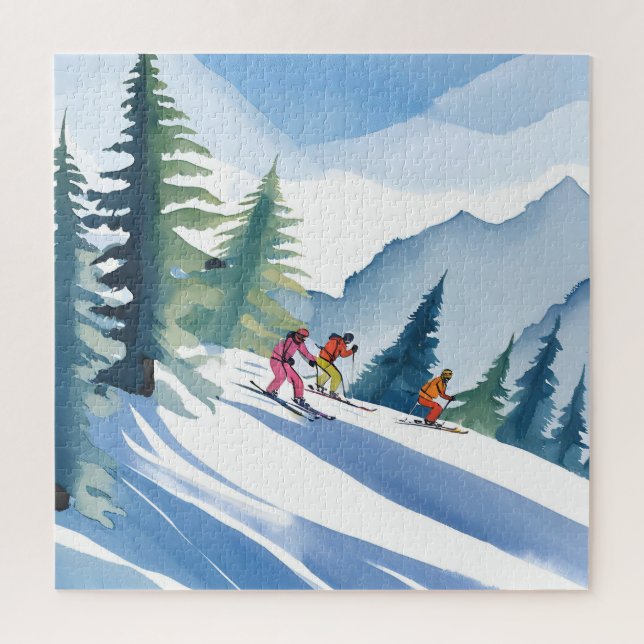 Let’s Go Skiing | Winter Watercolor Jigsaw Puzzle (Vertical)