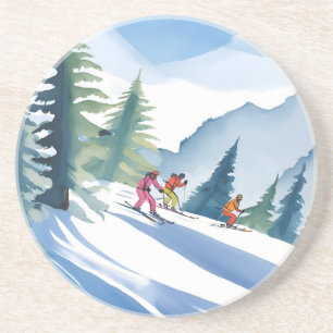 Let’s Go Skiing Winter Watercolor Painting Coaster