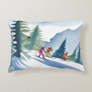 Let’s Go Skiing Winter Watercolor Painting Decorative Cushion