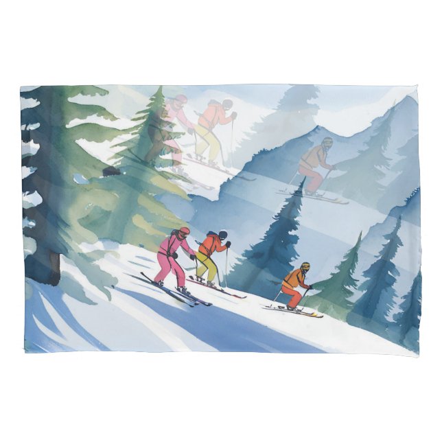Let’s Go Skiing | Winter Watercolor Painting Pillowcase (Front)