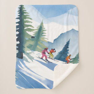 Let’s Go Skiing Winter Watercolor Painting Sherpa Blanket