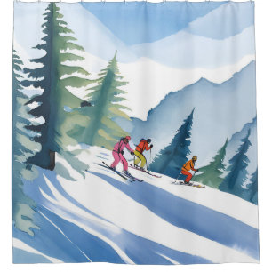 Let’s Go Skiing Winter Watercolor Painting Shower Curtain
