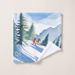 Let’s Go Skiing Winter Watercolor Painting Wash Cloth