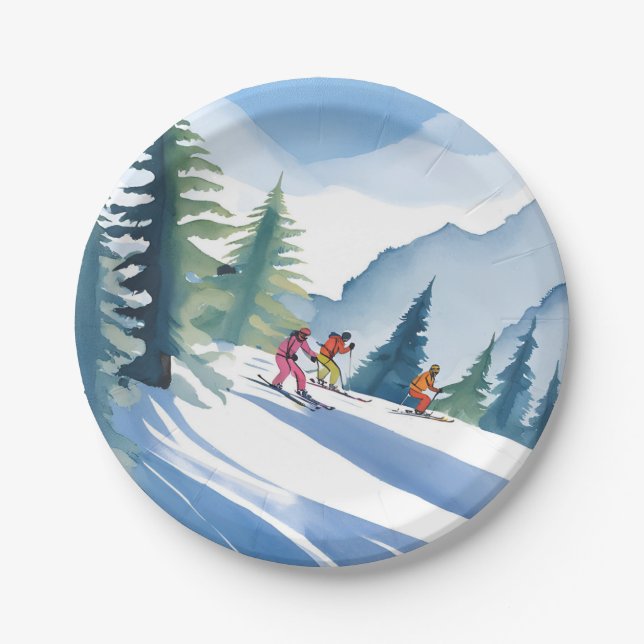 Let’s Go Skiing | Winter Watercolor Paper Plate (Front)