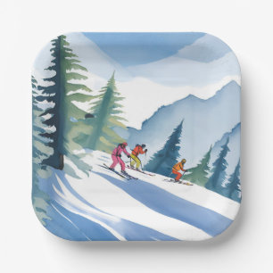 Let’s Go Skiing Winter Watercolor Paper Plate