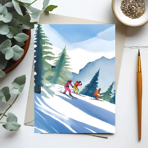 Let’s Go Skiing   Winter Watercolor Postcard