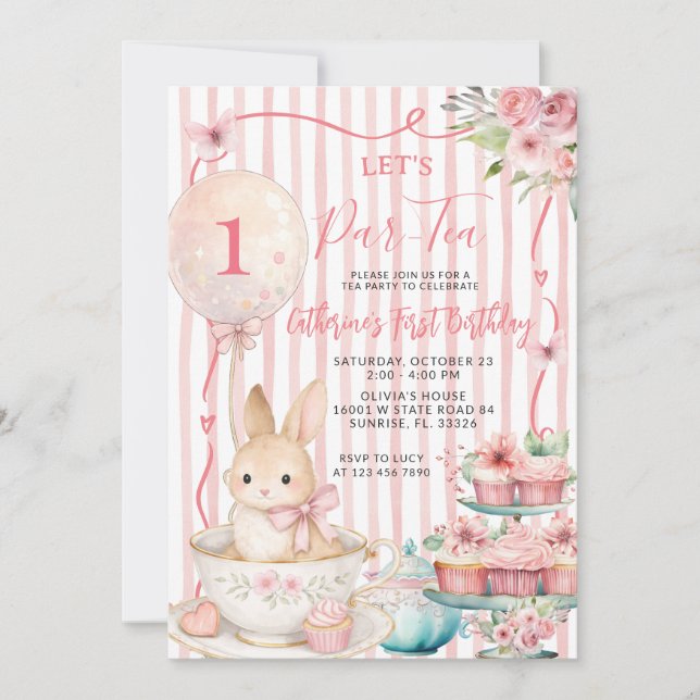 Let’s Par Tea Pink Striped Bunny Party Birthday Invitation (Front)