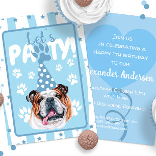 Let`s pawty bulldog illustration blue Birthday Invitation