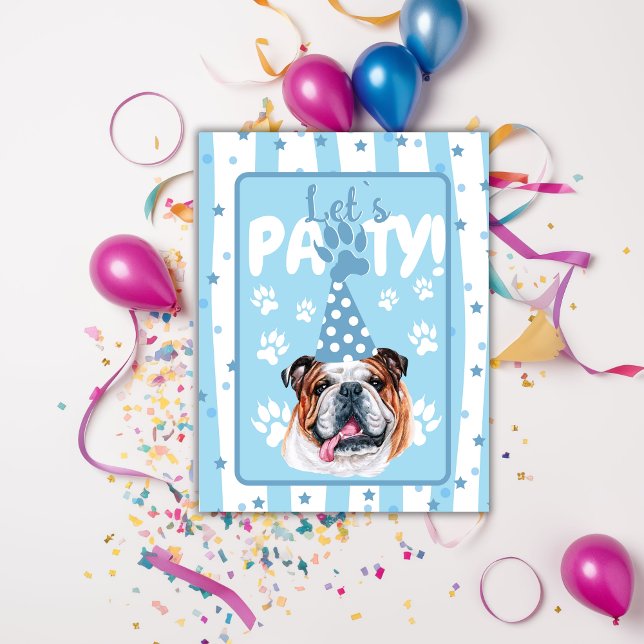 Let`s pawty bulldog illustration blue Birthday Thank You Card (Creator Uploaded)