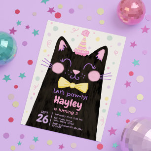 Let’s Pawty Kitty Black Cat Face Birthday Party Invitation