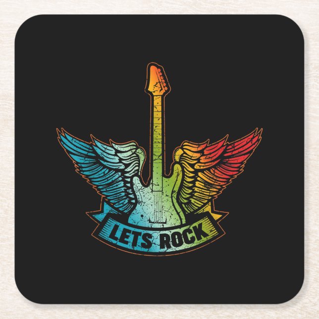 Let’s Rock Legend Rock And Roll Music Guitar Square Paper Coaster (Front)