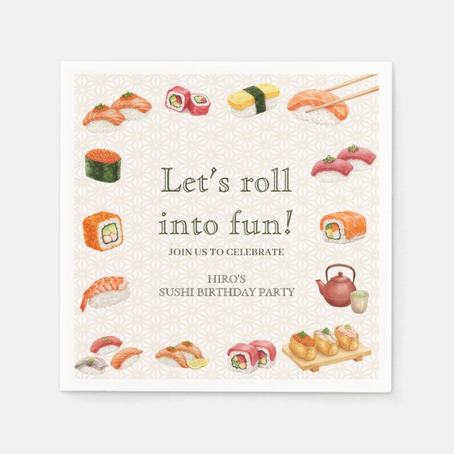 Let’s Roll into Fun! Sushi Birthday Party Invitati Napkin (Front)