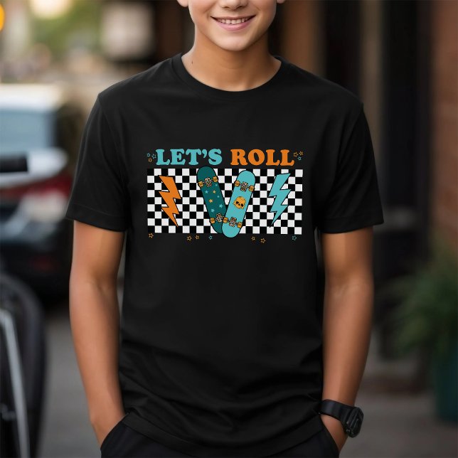 Let’s Roll | Retro Skateboard Chequered Boy Tri-Blend Shirt (Creator Uploaded)