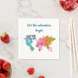 “Let’s the Adventure Begin” Colourful World Map Napkin