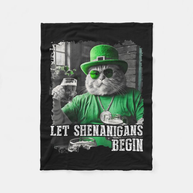 Let Shenanigans Begin Funny Fat Cat St. Patricks D Fleece Blanket (Front)