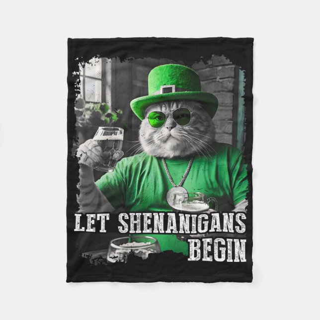 Let Shenanigans Begin Funny Fat Cat St. Patrick's  Fleece Blanket (Front)