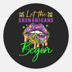 Let Shenanigans Begin Mardi Gras Y Lips Women Men Classic Round Sticker