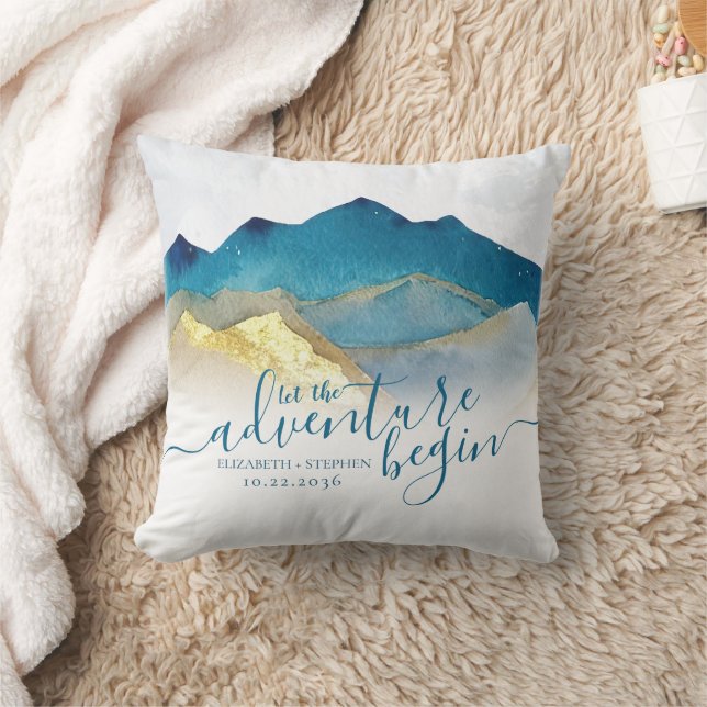 Let The Adventure Begin Blue Gold Mountain Wedding Cushion (Blanket)