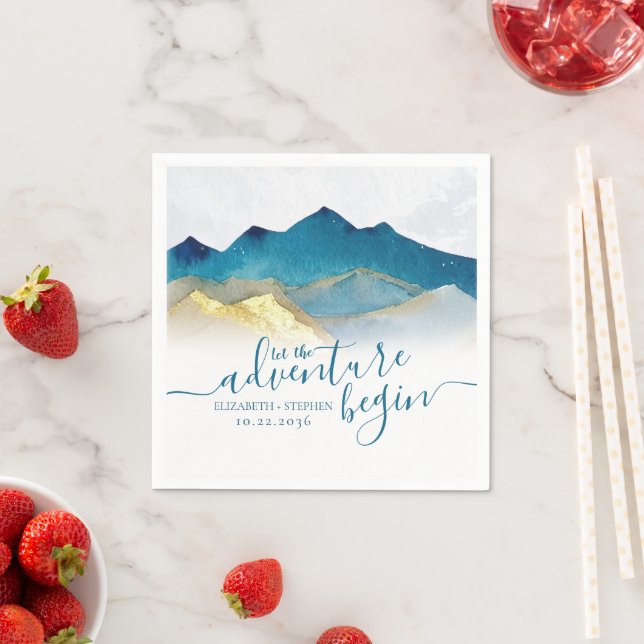 Let The Adventure Begin Blue Gold Mountain Wedding Napkin (Insitu)