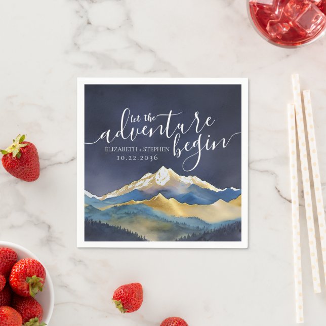 Let The Adventure Begin Blue Gold Mountain Wedding Napkin (Insitu)