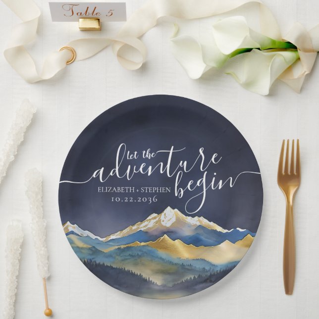 Let The Adventure Begin Blue Gold Mountain Wedding Paper Plate (Wedding)