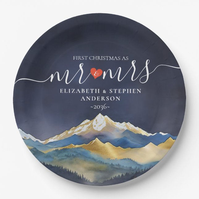 Let The Adventure Begin Blue Gold Mountain Wedding Paper Plate (Front)