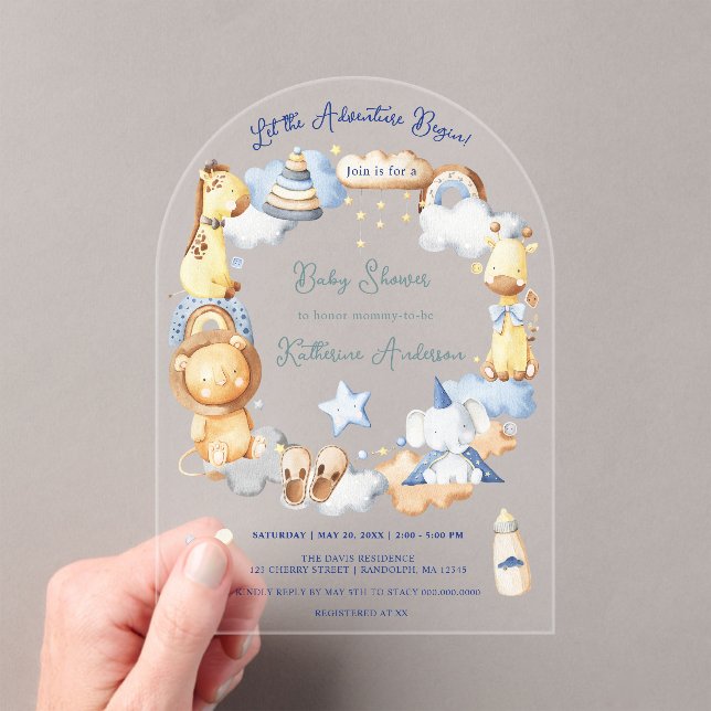 Let the Adventure Begin Boy Baby Toy Baby Shower  Acrylic Invitations (Insitu (Handheld))