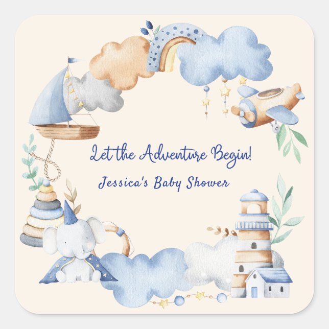 Let the Adventure Begin Boy Baby Toy Baby Shower  Square Sticker (Front)