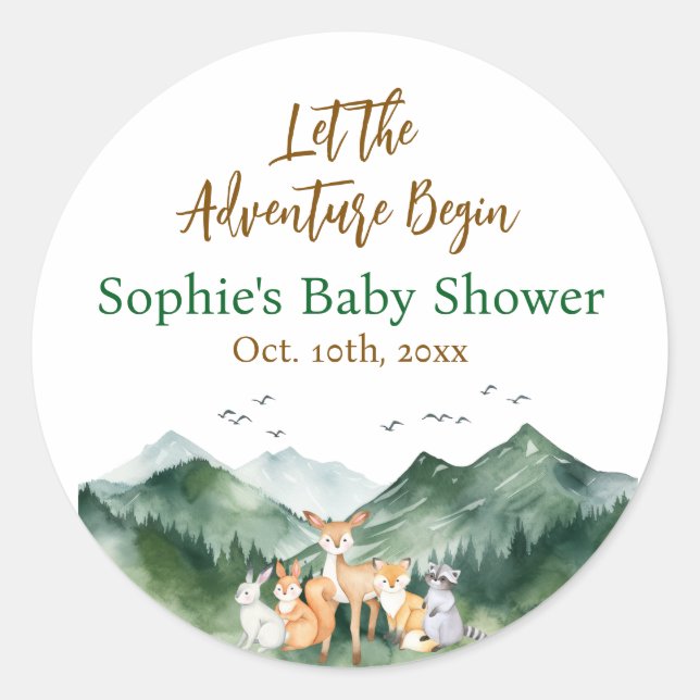 Let the Adventure Begin Forest Baby Shower Favours Classic Round Sticker (Front)