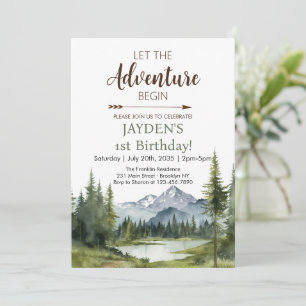 Let the Adventure Begin Forest Rustic 1st Birthday Invitation