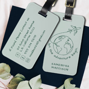 Let the adventure begin green line art airplane luggage tag