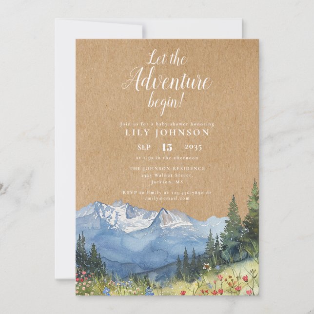 Let The Adventure Begin Mountain Baby Shower Invitation (Front)