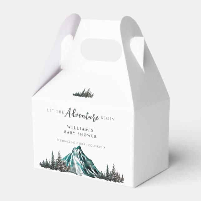 Let The Adventure Begin Mountain Pine Baby Shower Favour Box (Front Side)