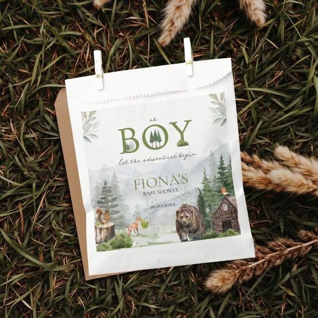 Let The Adventure Begin Mountains Boy Baby Shower Favour Bags (Oh boy let the adventure begin custom baby shower favor bags inspired by mountains, woodland, forest)