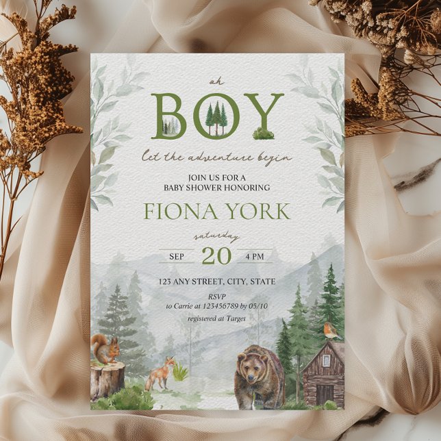 Let The Adventure Begin Mountains Boy Baby Shower Invitation (Let the adventure begin Woodland Animals Boy Baby Shower Mountains Pine Trees)