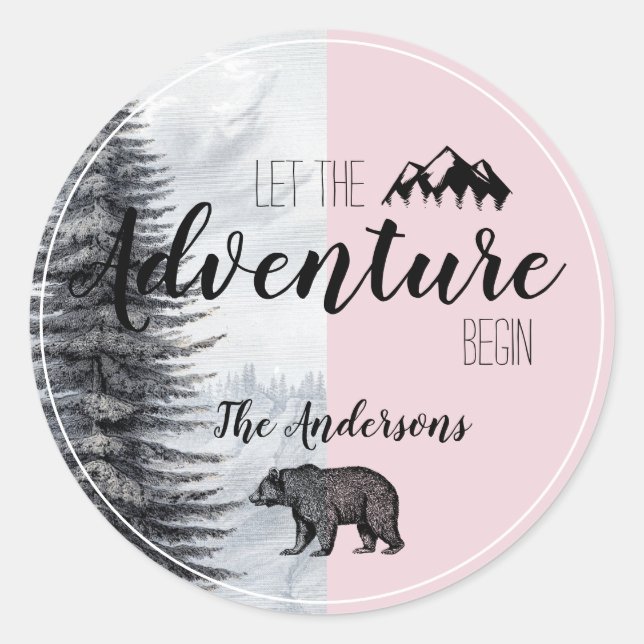 Let The Adventure Begin Pink Bear Baby Shower Classic Round Sticker (Front)